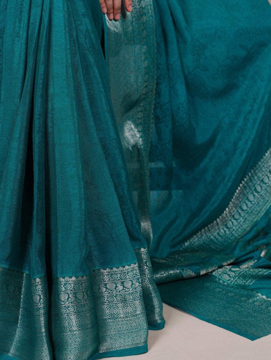 Bottle Green Chinon Self-Printed Saree with Zari Weaving Work & Matching Unstitched Blouse – Lightweight Festive & Traditional Wear Saree for Women