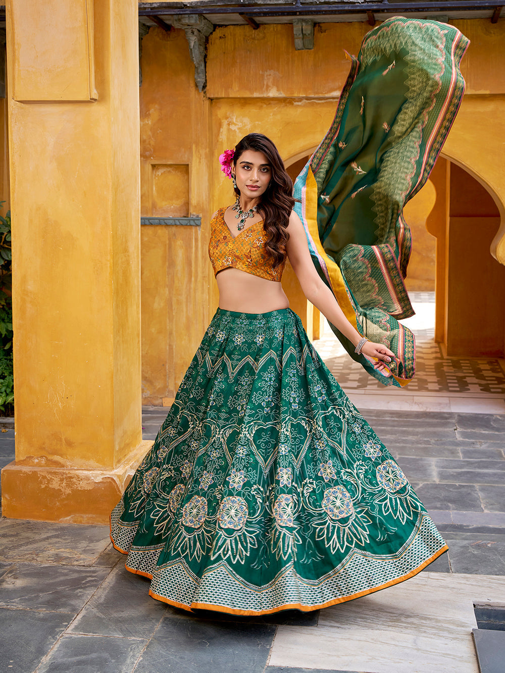 Bottle green vaishali silk lehenga choli with beads work gotta patti dupatta