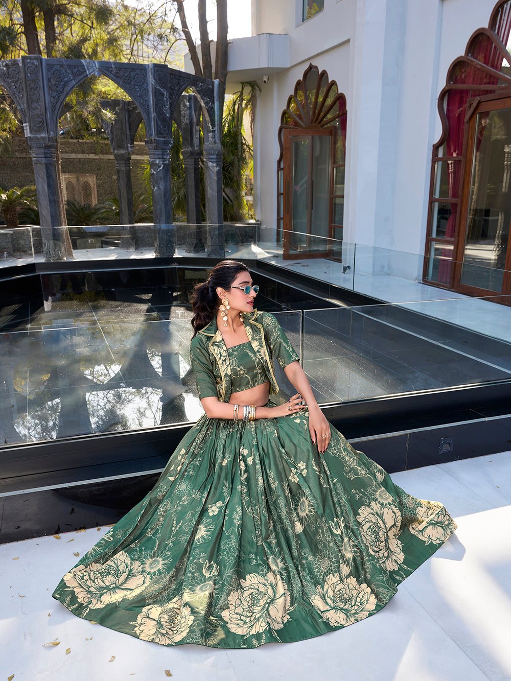 Bottle green tussar silk floral print crop top lehenga choli