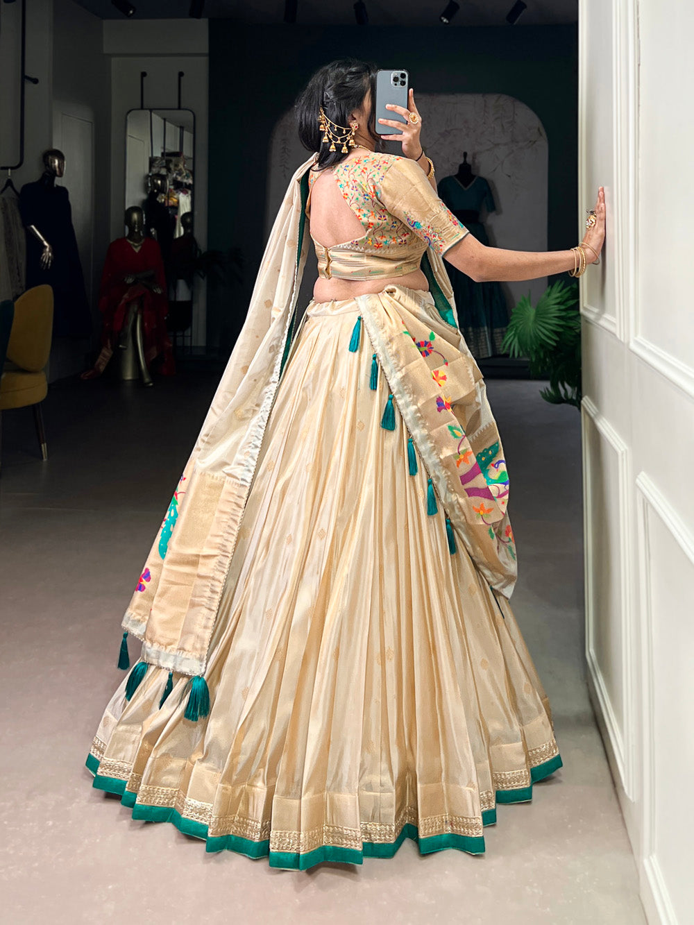 Bottle green shimmer lehenga choli with zari weaving paithani tassel dupatta