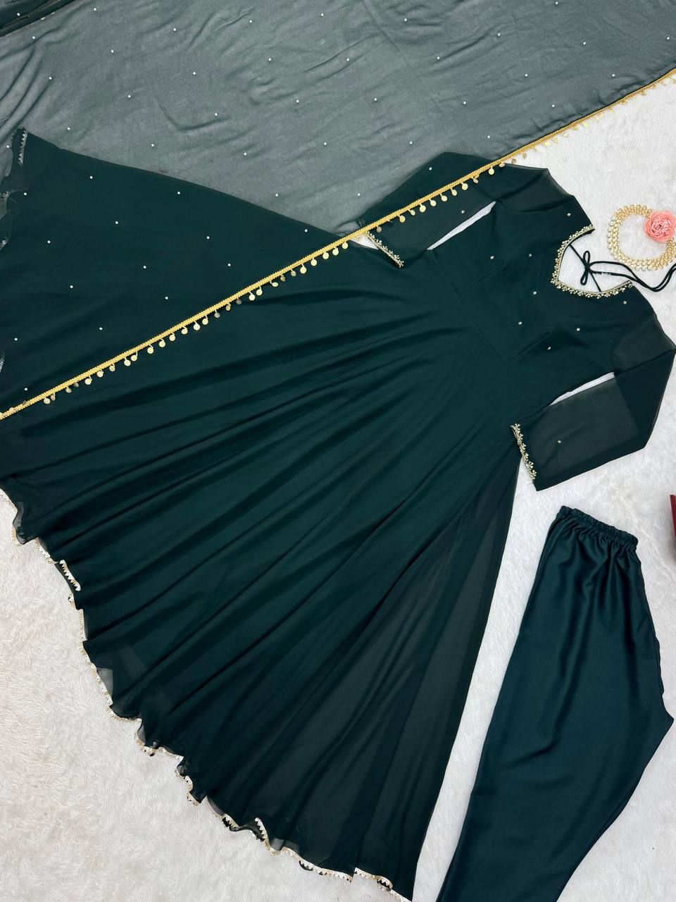 Bottle Green Elegant Handcrafted Georgette Gown Set
