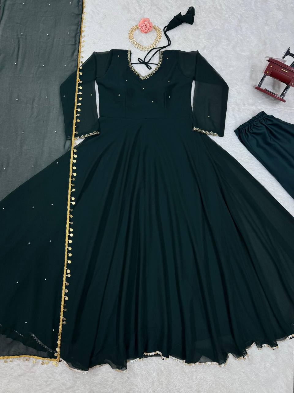 Bottle Green Elegant Handcrafted Georgette Gown Set