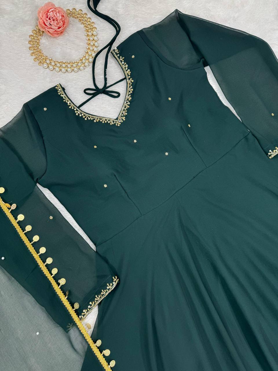 Bottle Green Elegant Handcrafted Georgette Gown Set