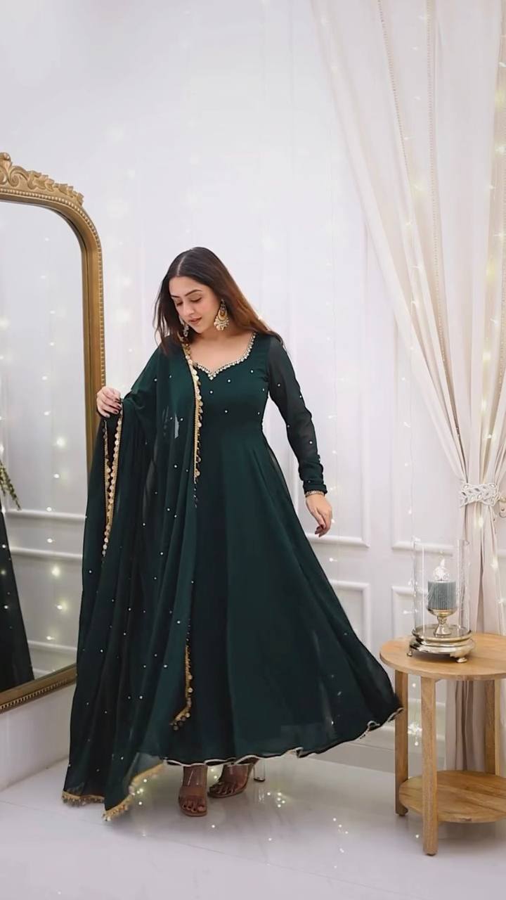 Bottle Green Elegant Handcrafted Georgette Gown Set