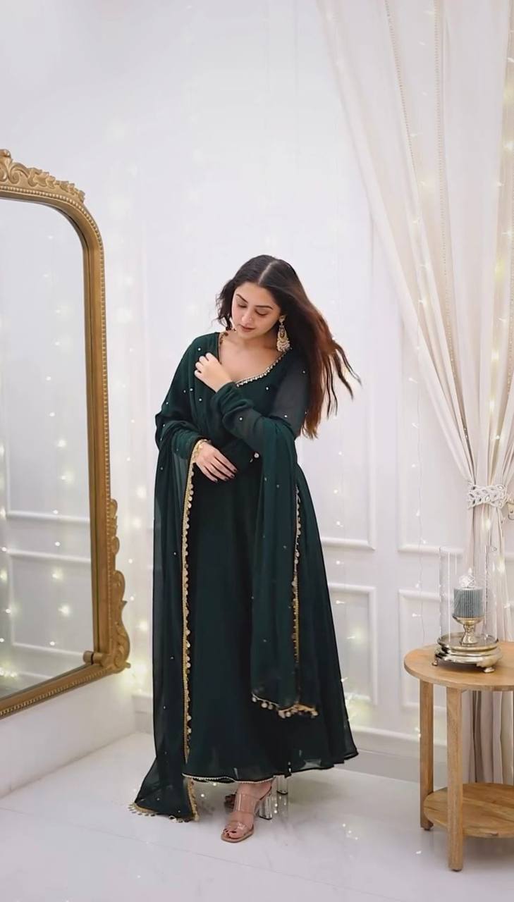 Bottle Green Elegant Handcrafted Georgette Gown Set