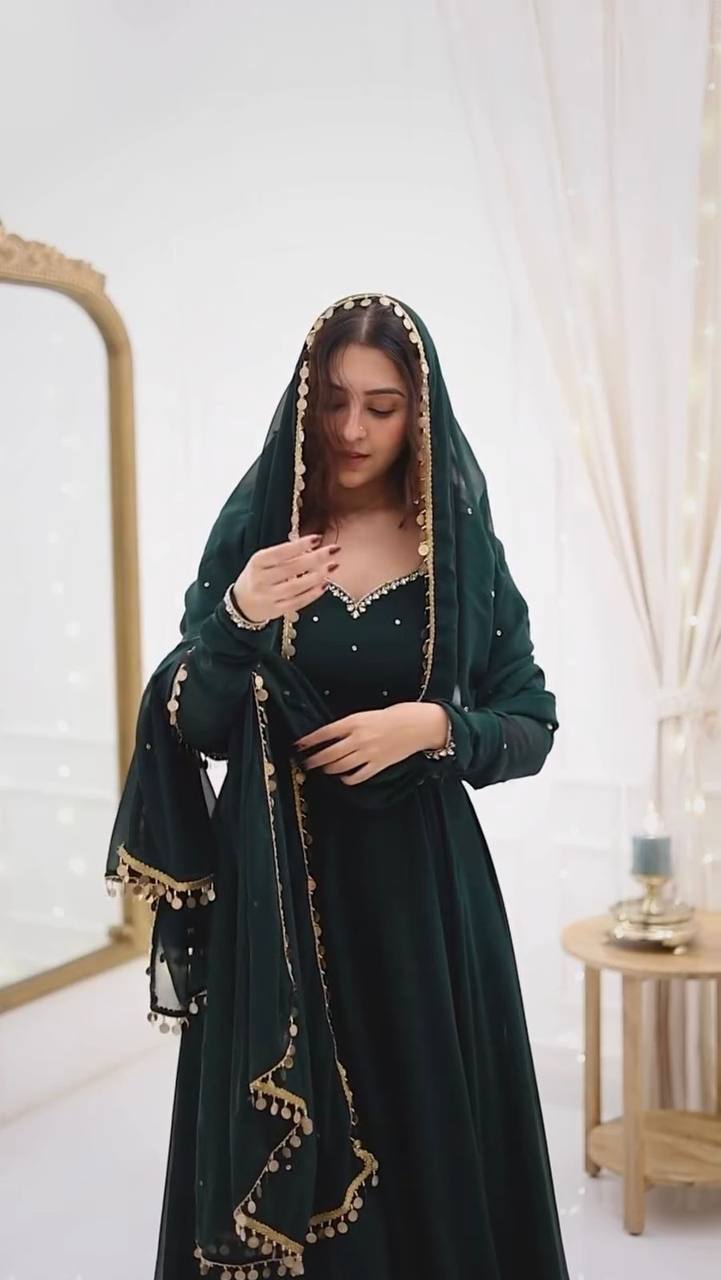 Bottle Green Elegant Handcrafted Georgette Gown Set