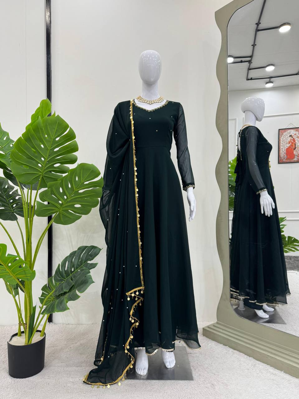 Bottle Green Elegant Handcrafted Georgette Gown Set