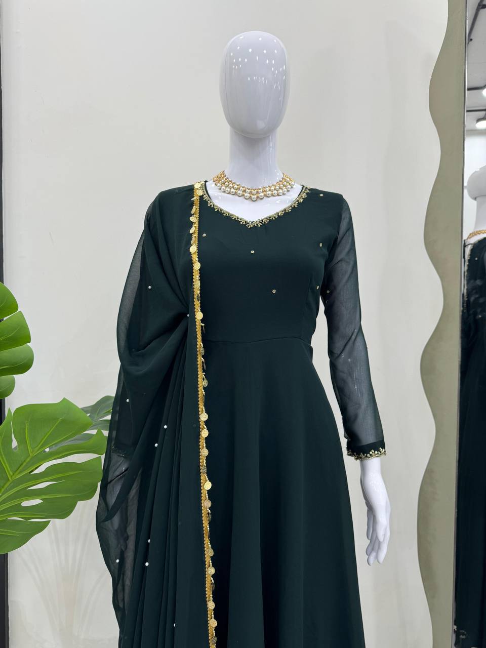Bottle Green Elegant Handcrafted Georgette Gown Set