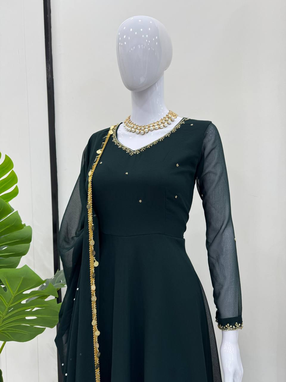 Bottle Green Elegant Handcrafted Georgette Gown Set