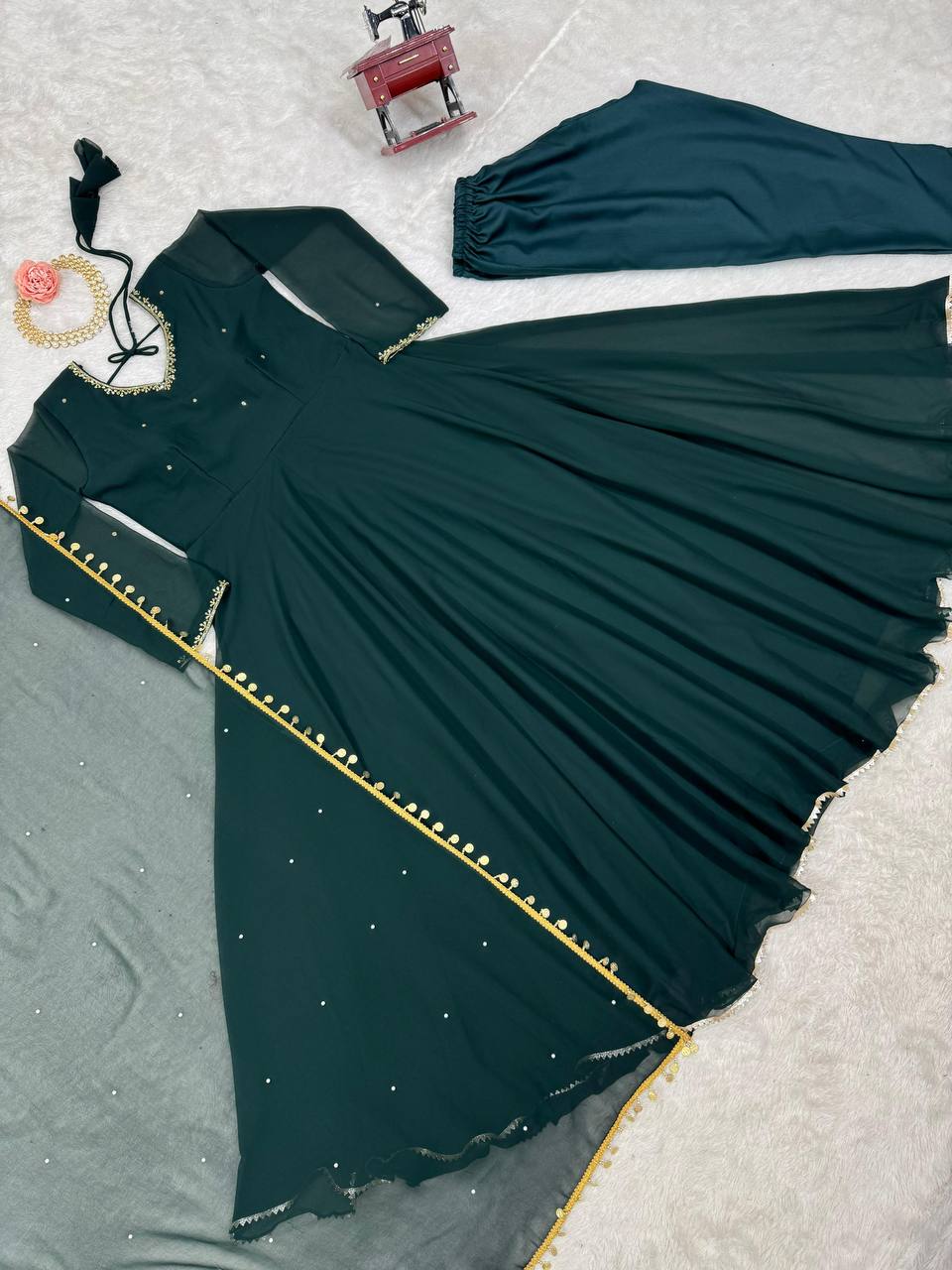 Bottle Green Elegant Handcrafted Georgette Gown Set