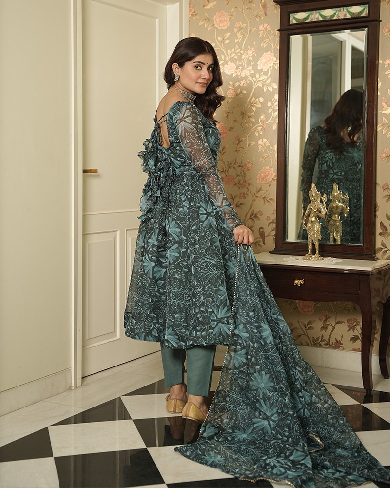 Bottle Green Elegant Printed Three-Piece Anarkali Suit with Belt