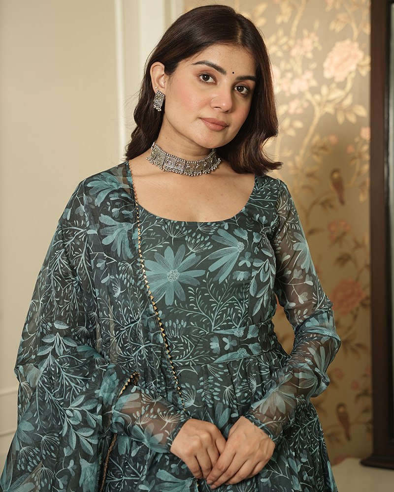 Bottle Green Elegant Printed Three-Piece Anarkali Suit with Belt