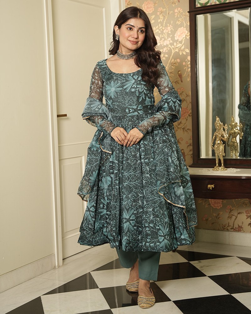 Bottle Green Elegant Printed Three-Piece Anarkali Suit with Belt