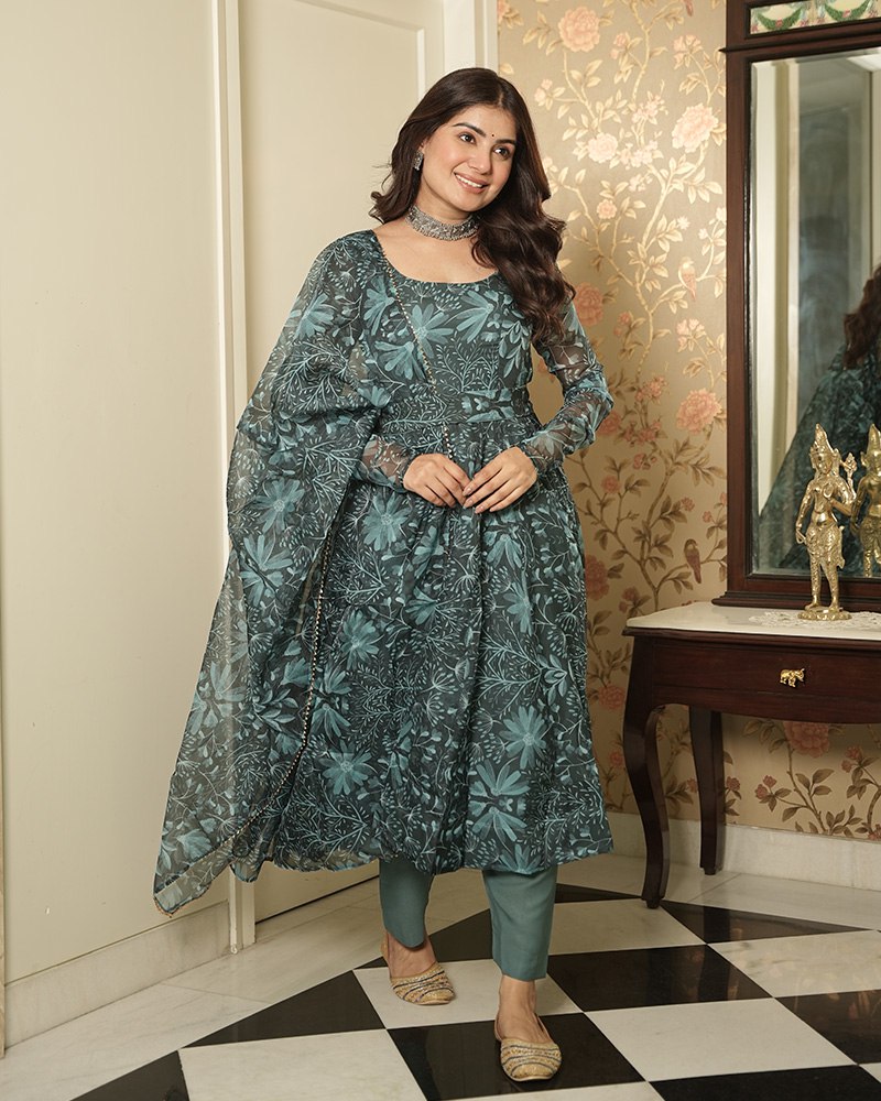 Bottle Green Elegant Printed Three-Piece Anarkali Suit with Belt