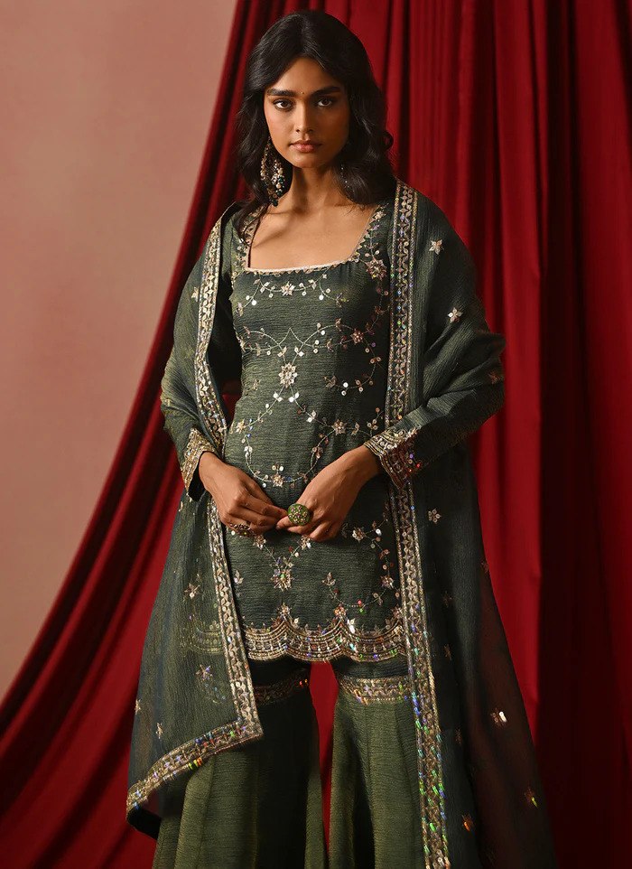 Bottle Green Embroidered Sharara Set
