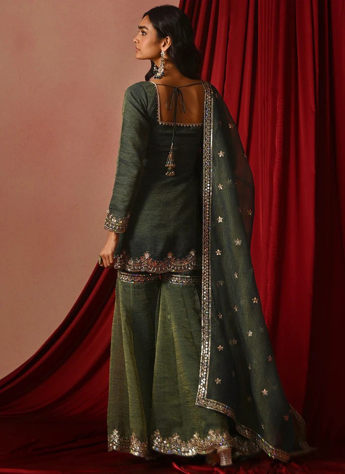 Bottle Green Embroidered Sharara Set