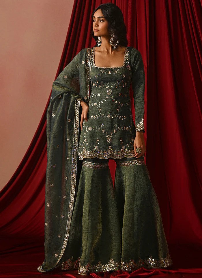 Bottle Green Embroidered Sharara Set