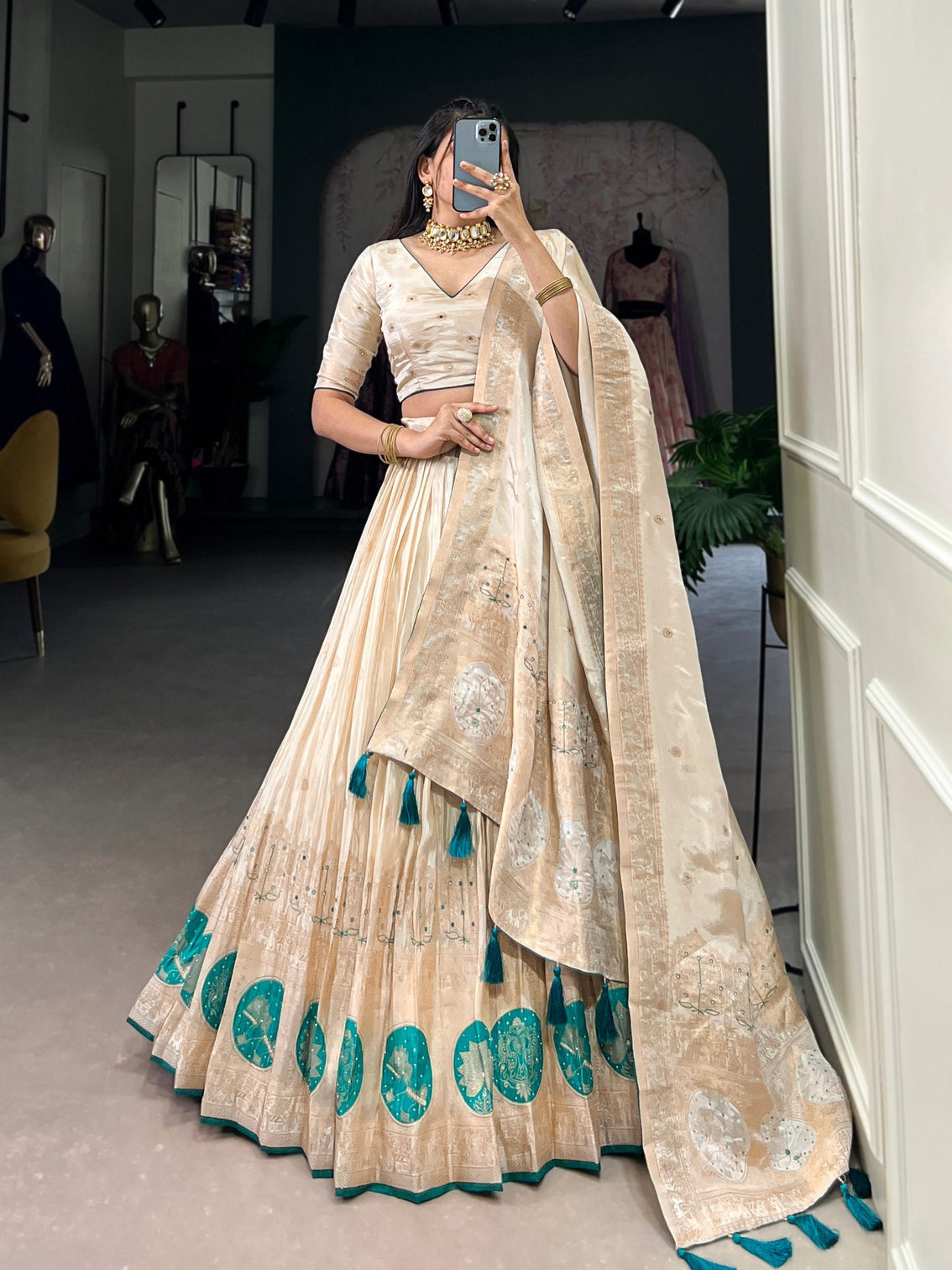 Bottle Green Radiant Shimmer Mirror & Beads Handwork Lehenga Set