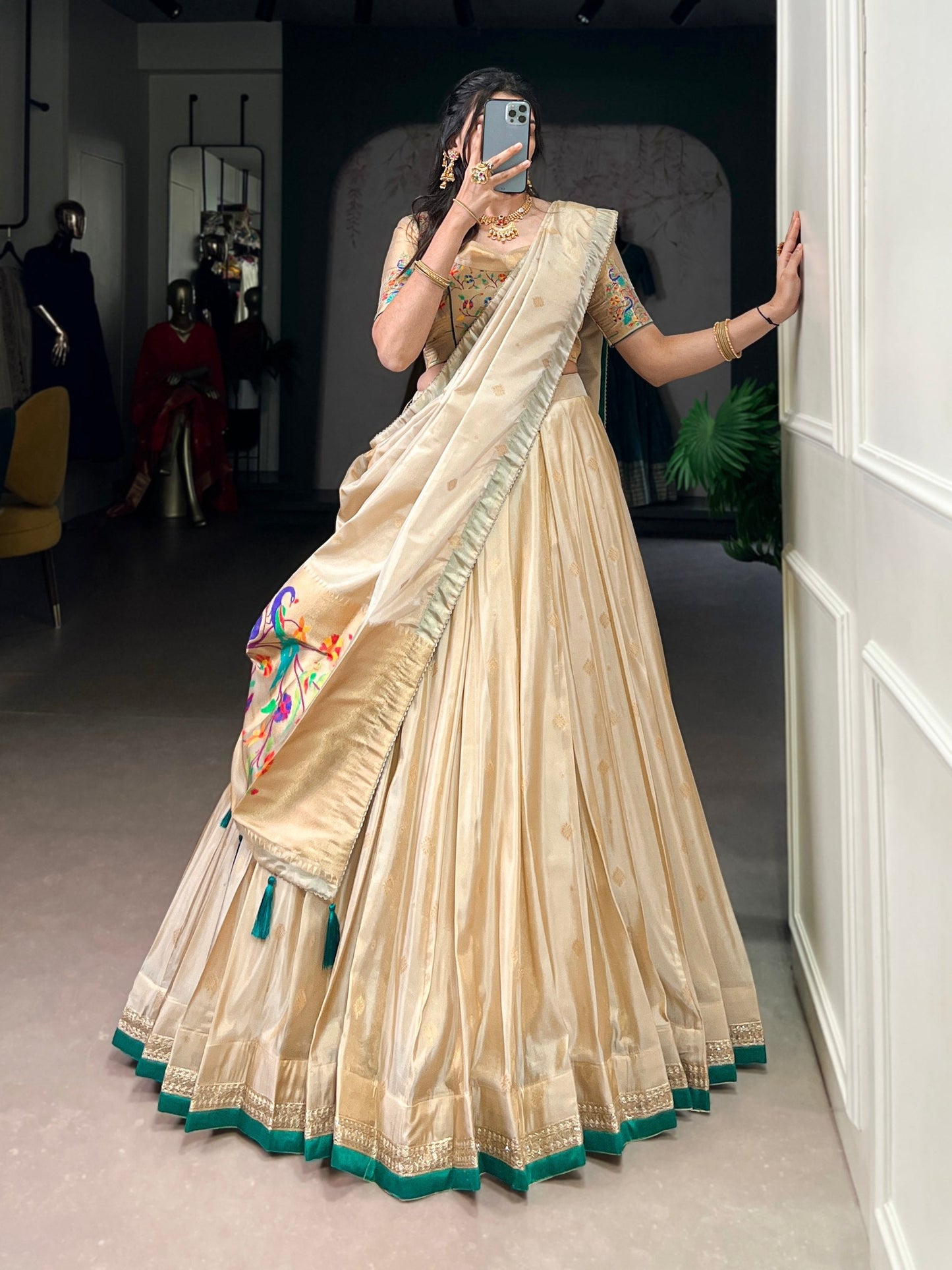 Beige Royal Gold Shimmer Paithani Zari Weaving Lehenga Choli Set with Tassel Dupatta – Stitched Ensemble with Canvas & Can-can Flair