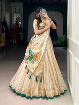 Beige Royal Gold Shimmer Paithani Zari Weaving Lehenga Choli Set with Tassel Dupatta – Stitched Ensemble with Canvas & Can-can Flair
