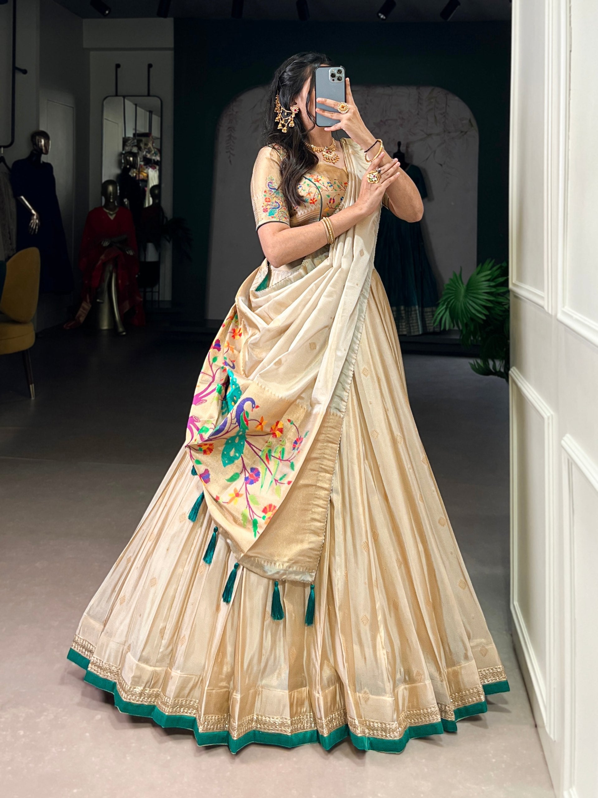 Beige Royal Gold Shimmer Paithani Zari Weaving Lehenga Choli Set with Tassel Dupatta – Stitched Ensemble with Canvas & Can-can Flair