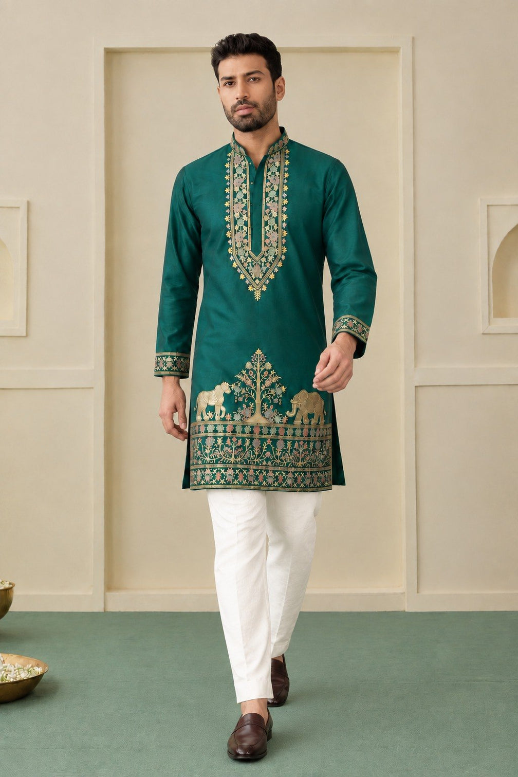 Bottle Green Silk Kurta Pant Set
