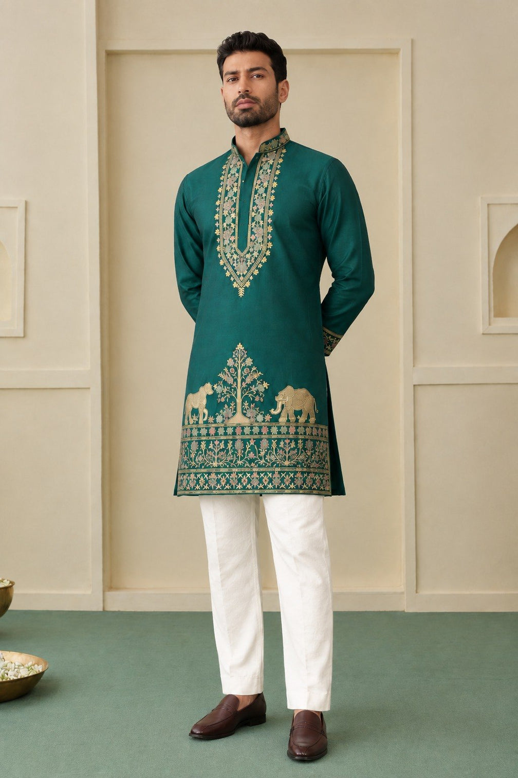 Bottle Green Silk Kurta Pant Set