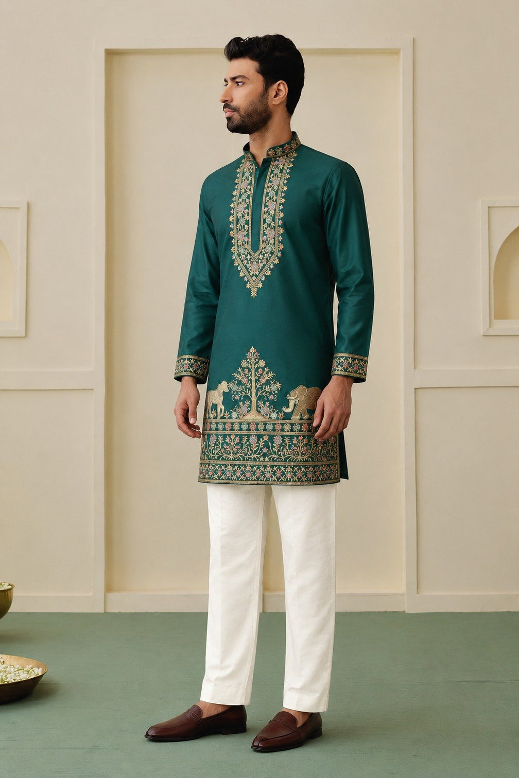 Bottle Green Silk Kurta Pant Set