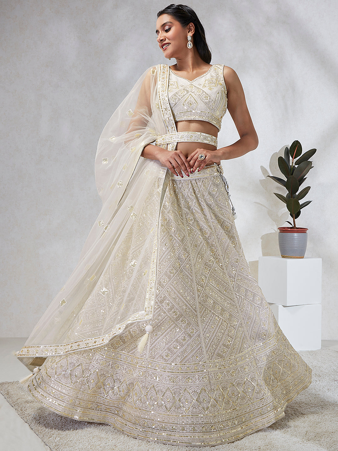 Breathtaking Cream Net Lehenga Choli Set with Cutdana, Sequin & Zarkan Work