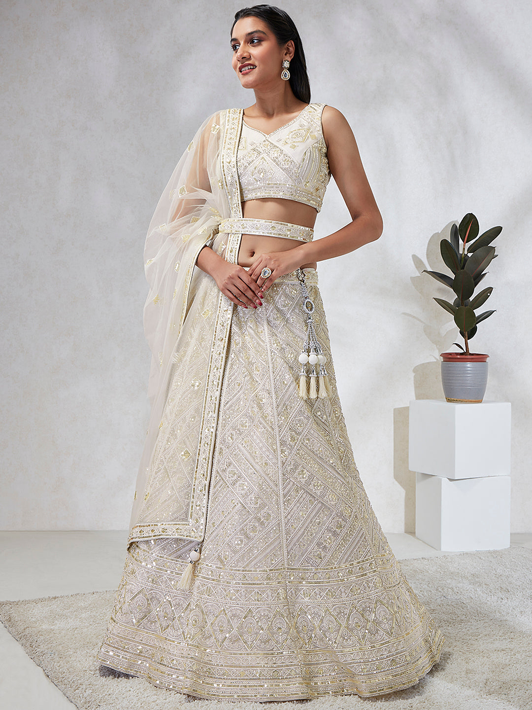 Breathtaking Cream Net Lehenga Choli Set with Cutdana, Sequin & Zarkan Work