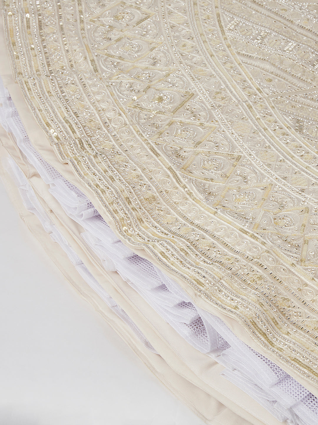 Breathtaking Cream Net Lehenga Choli Set with Cutdana, Sequin & Zarkan Work
