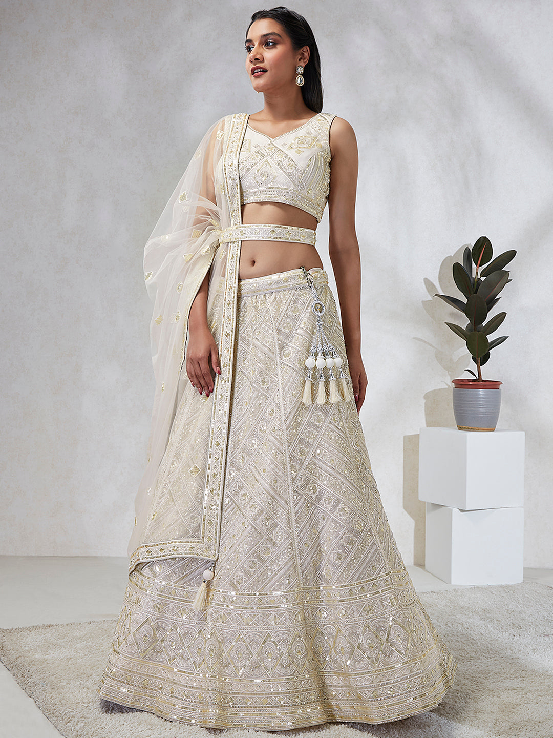 Breathtaking Cream Net Lehenga Choli Set with Cutdana, Sequin & Zarkan Work