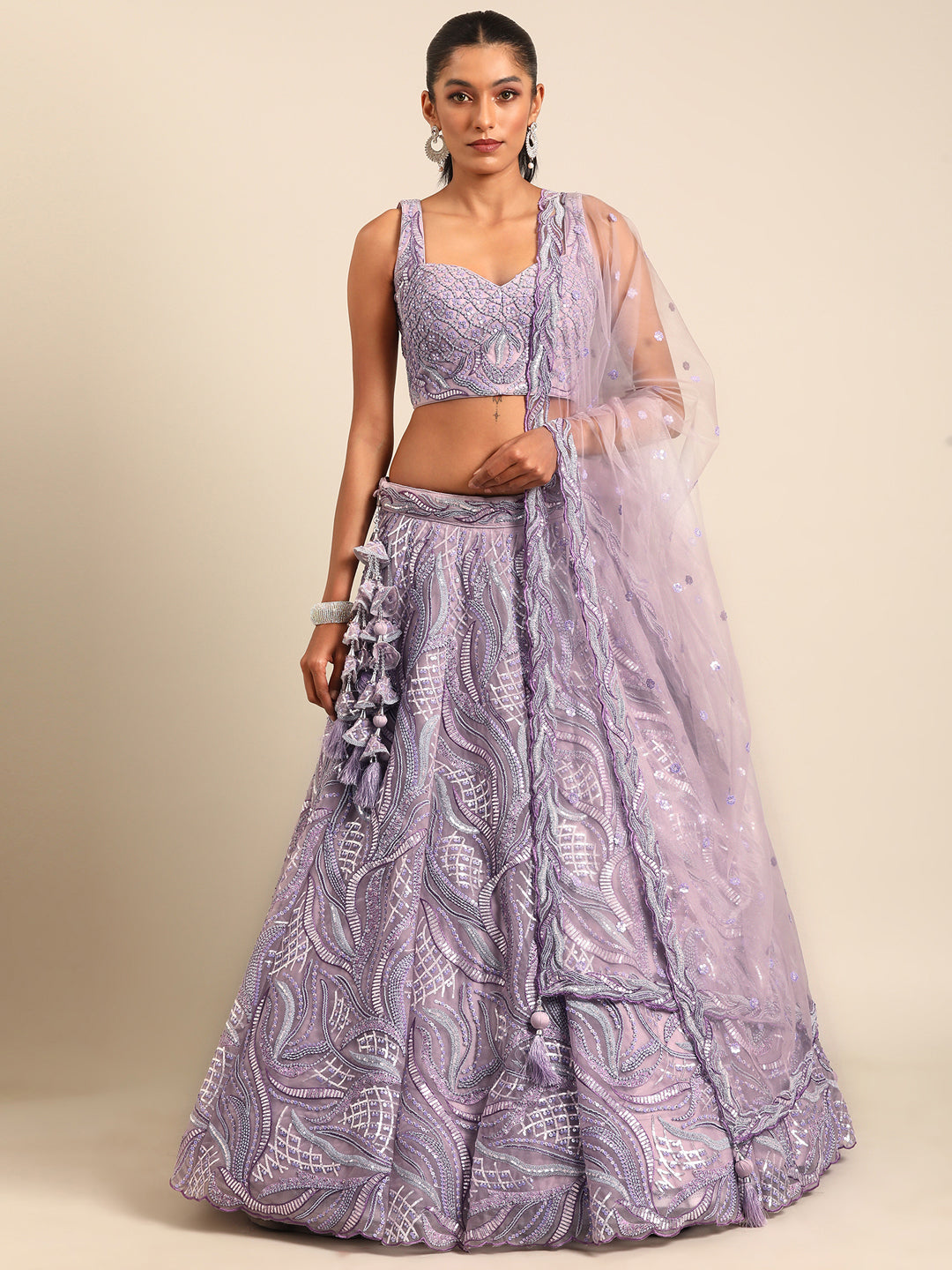 Breathtaking Lavender Net Lehenga Choli Set with Zarkan & Sequin Embroidery