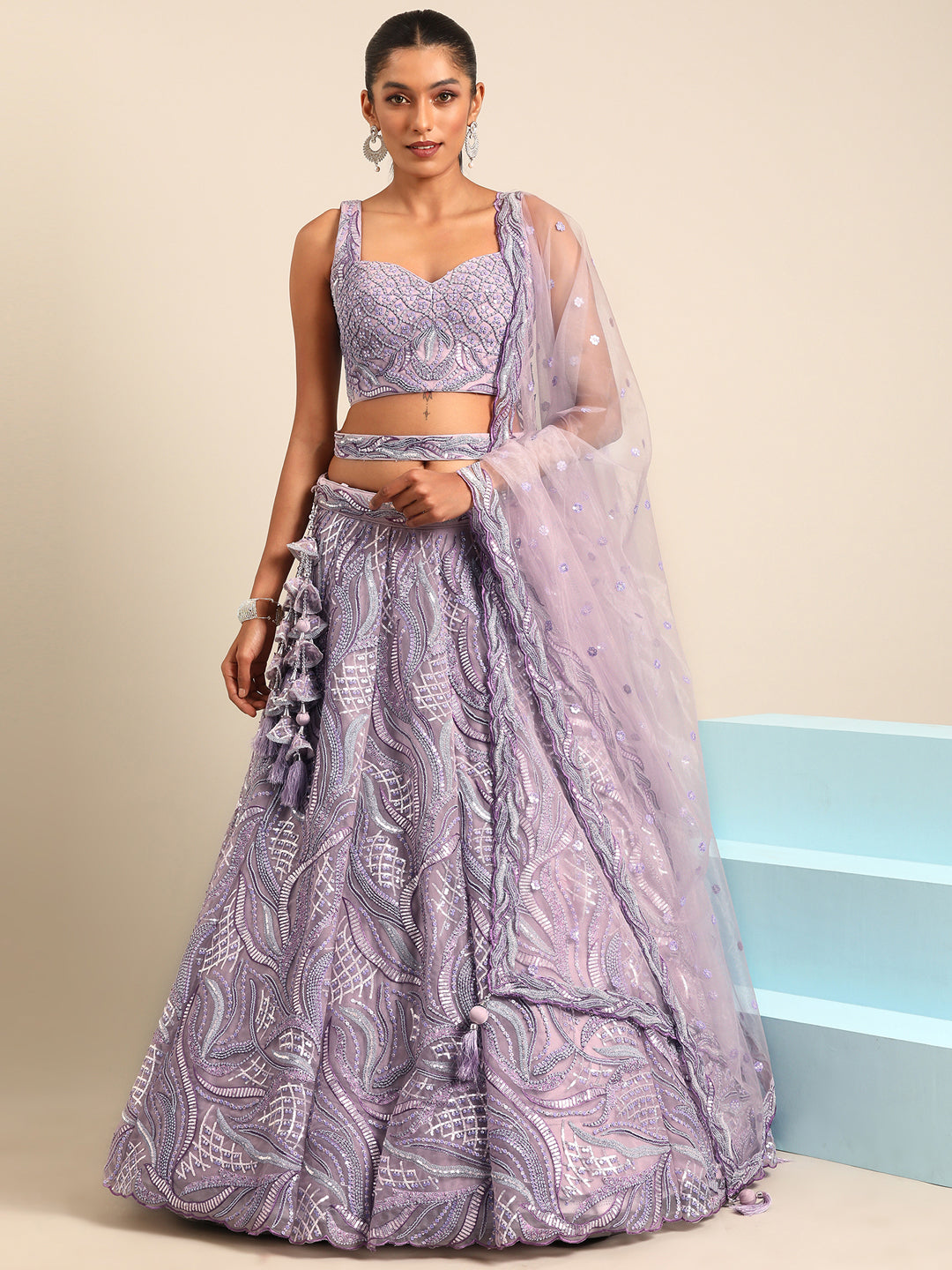 Breathtaking Lavender Net Lehenga Choli Set with Zarkan & Sequin Embroidery