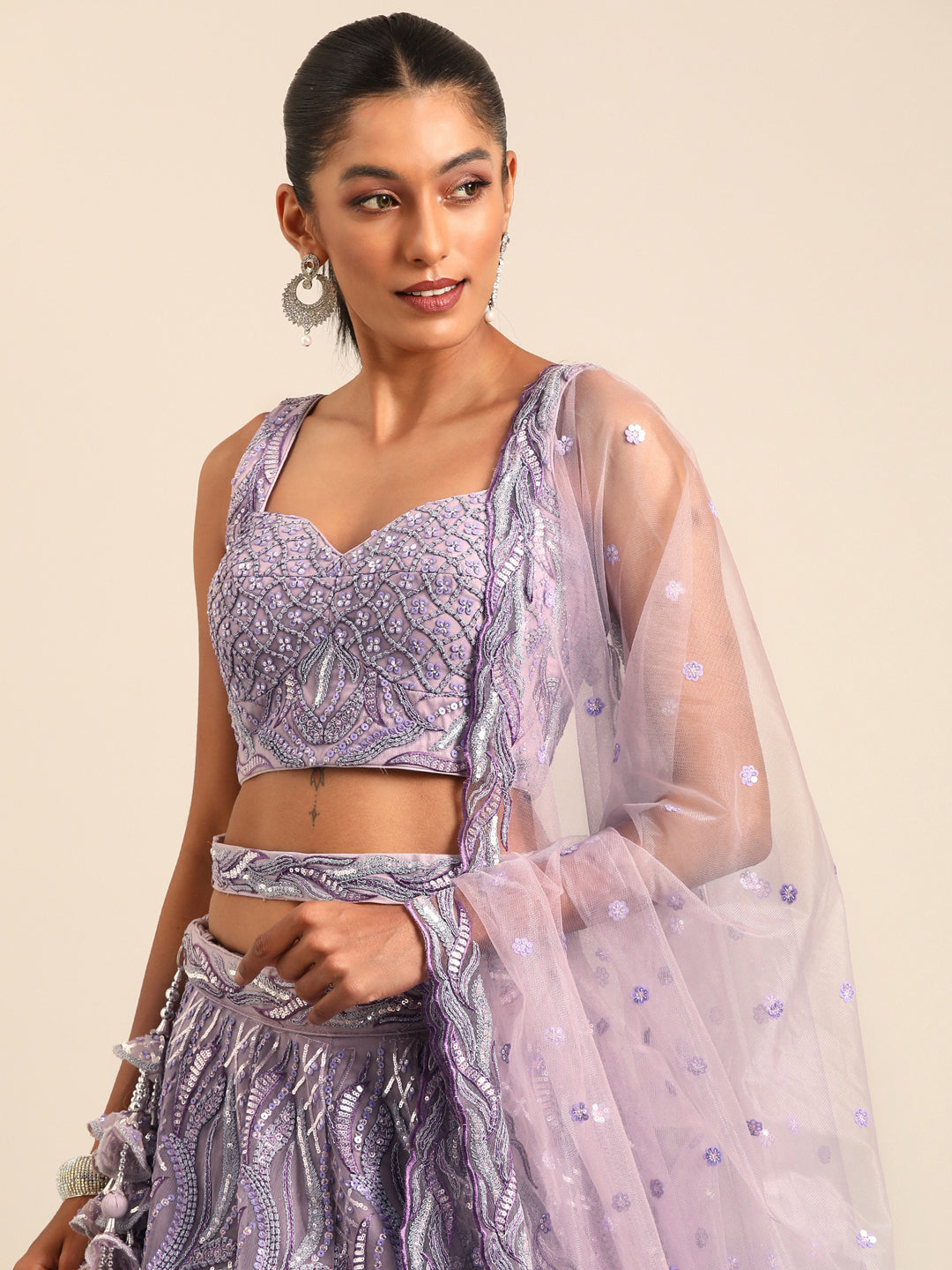 Breathtaking Lavender Net Lehenga Choli Set with Zarkan & Sequin Embroidery