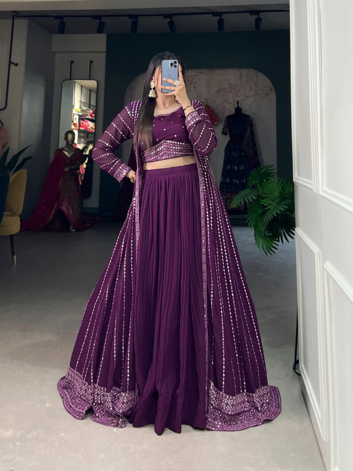 Breathtaking Purple Sequined Georgette Indo-Western Lehenga Set with Elegant Shrug - 3 Pcs