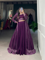 Breathtaking Purple Sequined Georgette Indo-Western Lehenga Set with Elegant Shrug - 3 Pcs