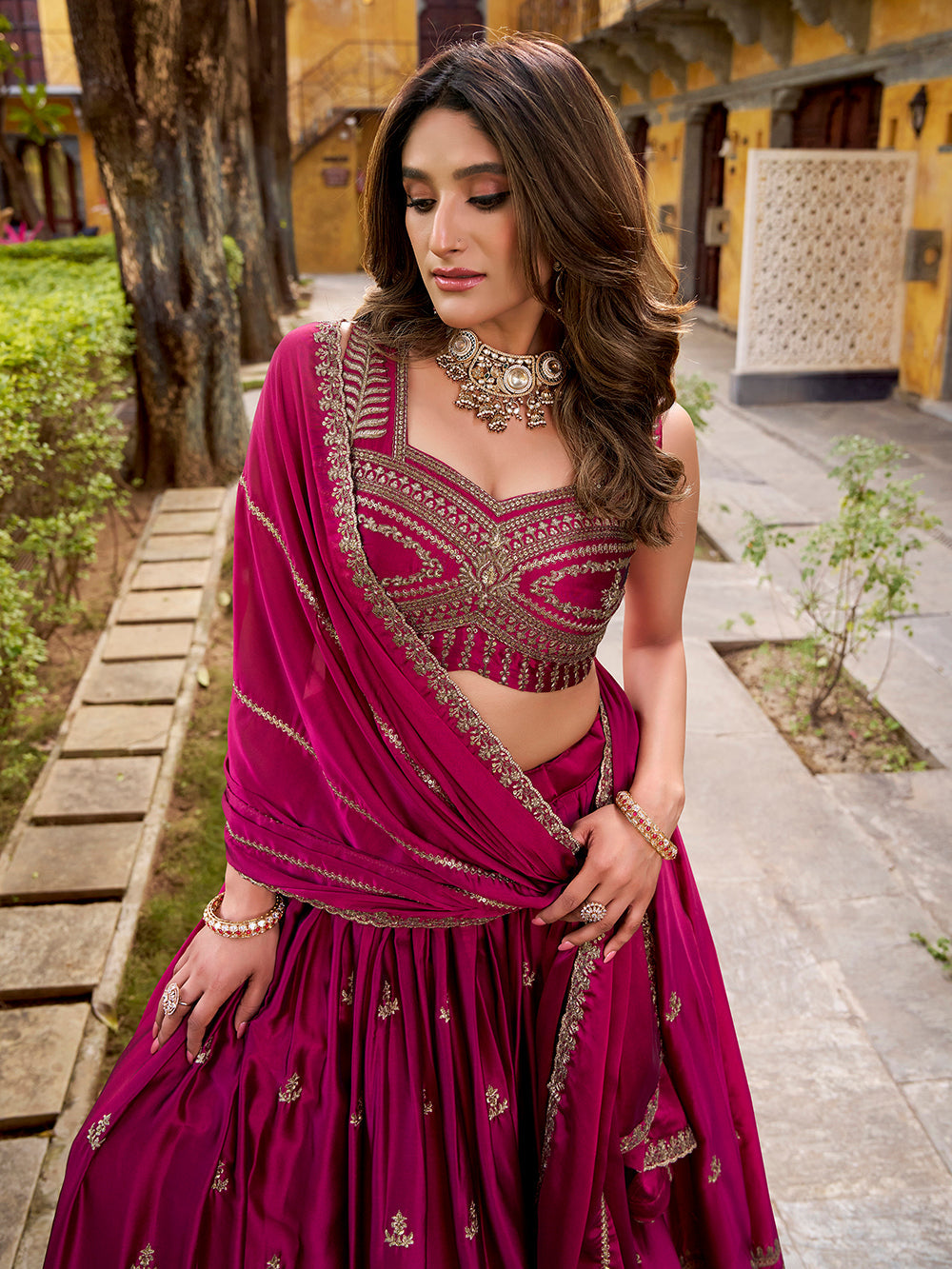 Magenta pink rangoli lehenga choli with sequins thread embroidery dupatta