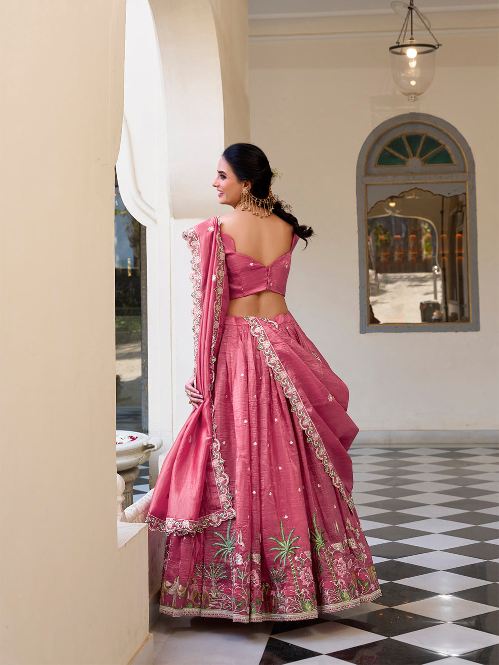 Rose pink gold crush lehenga choli with sequins embroidery scalloped lace dupatta
