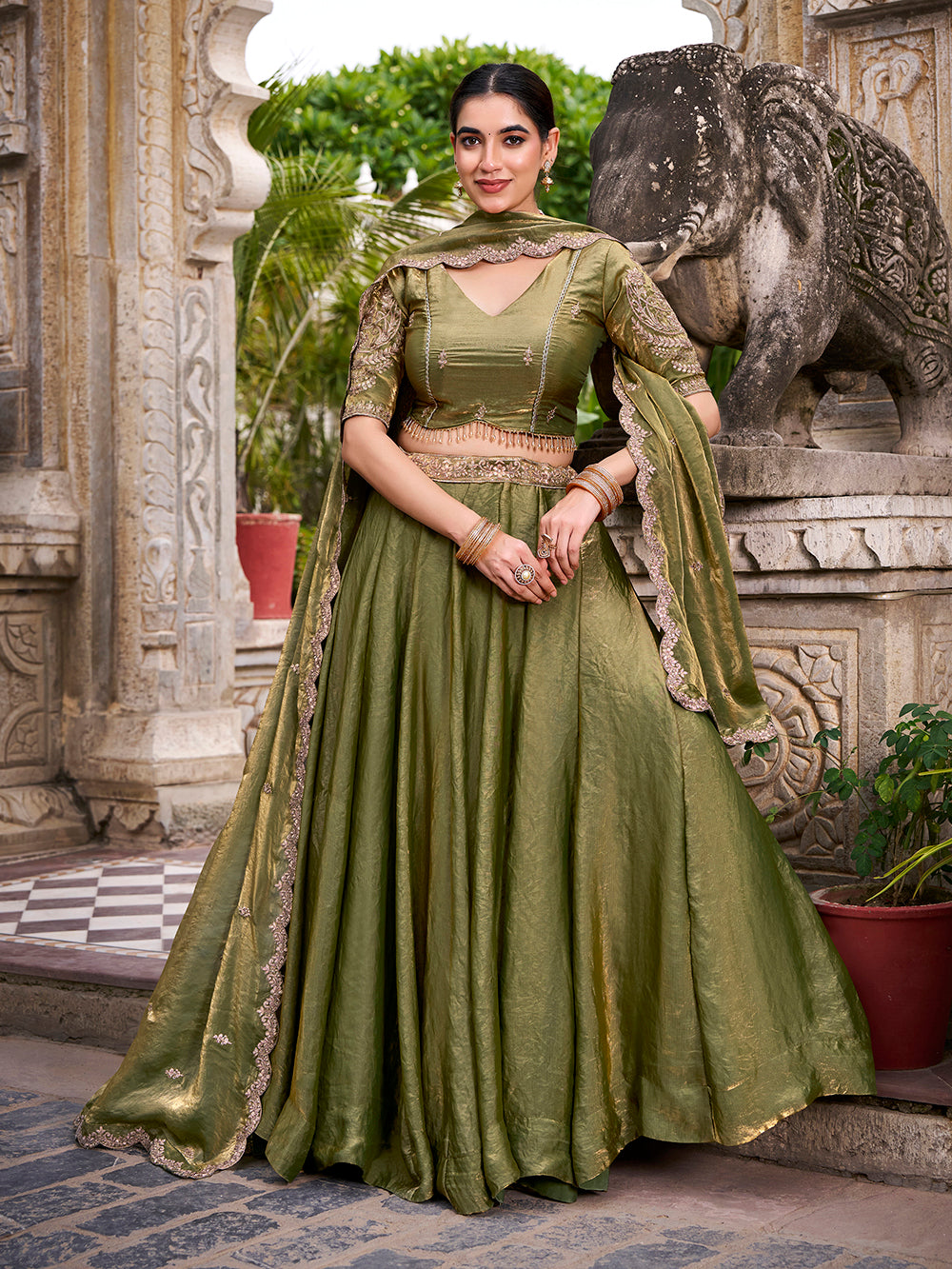 Mehandi green fendi sequins thread embroidered lehenga choli with dupatta