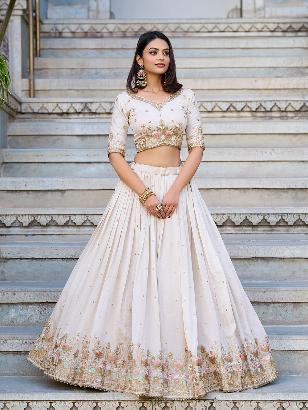 Off white vichitra silk lehenga choli with sequins thread embroidery