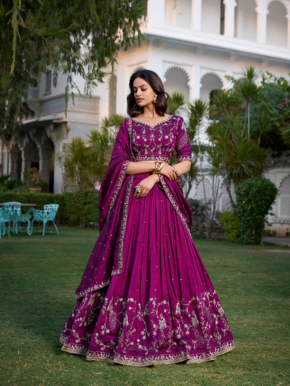 Wine color sequins and thread embroidery work vichitra silk lehenga choli