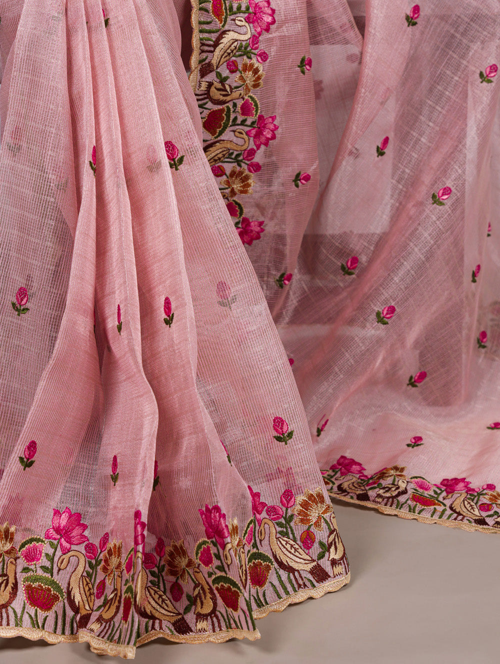 Light pink zari kota tissue saree with floral thread embroidery and banglory blouse fabric