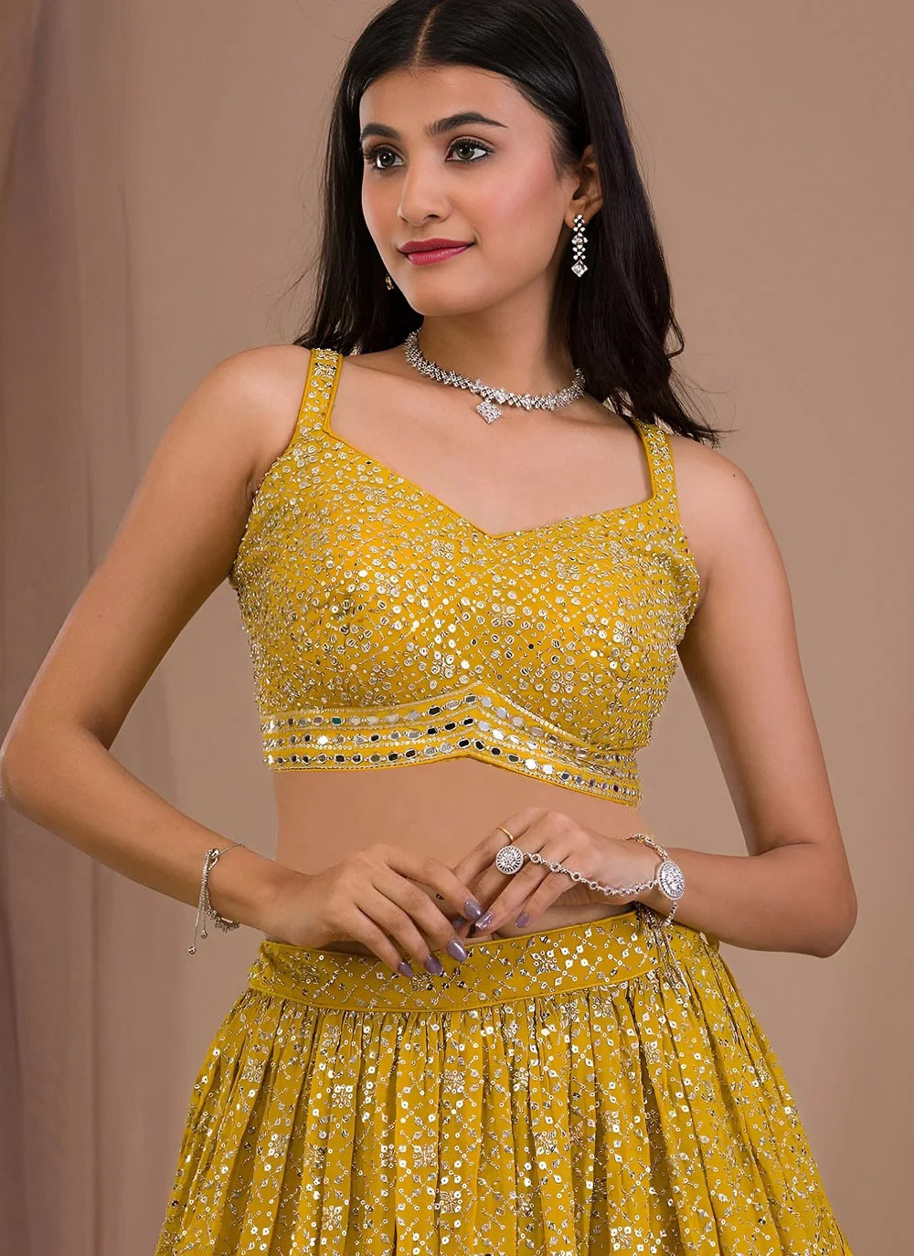 Yellow haldi ceremony lehenga in georgette with zari sequins embroidery