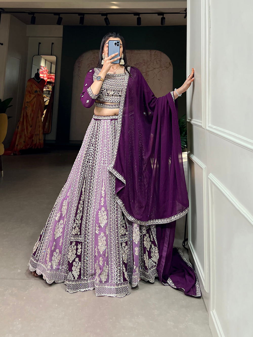 Purple Color Thread Embroidery And Jharkhand Diamond Work Georgette Lehenga Choli