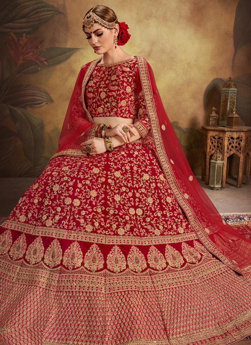 Bridal Wear Red Color Velvet Heavy Embroidered Designer Lehenga Choli