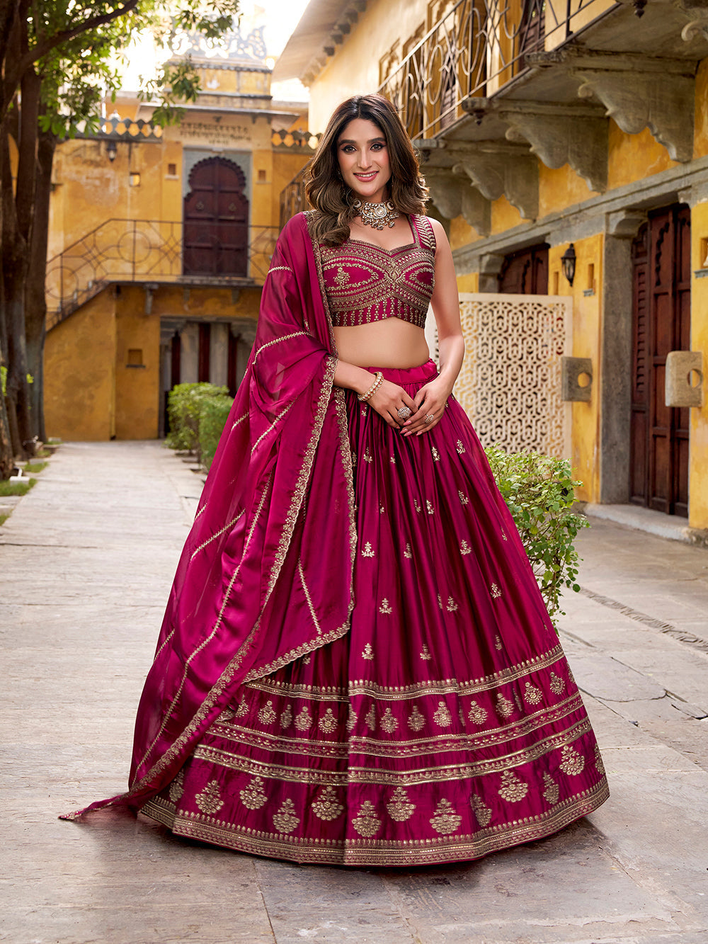 Magenta pink rangoli lehenga choli with sequins thread embroidery dupatta