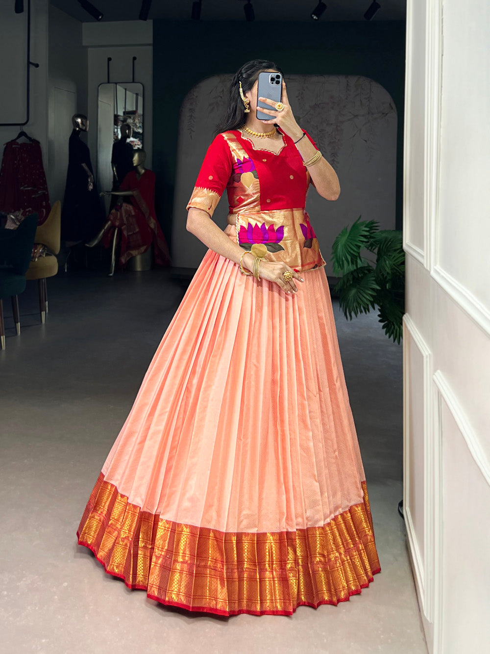 South indian style peach zari border lehenga choli with jacquard silk blouse