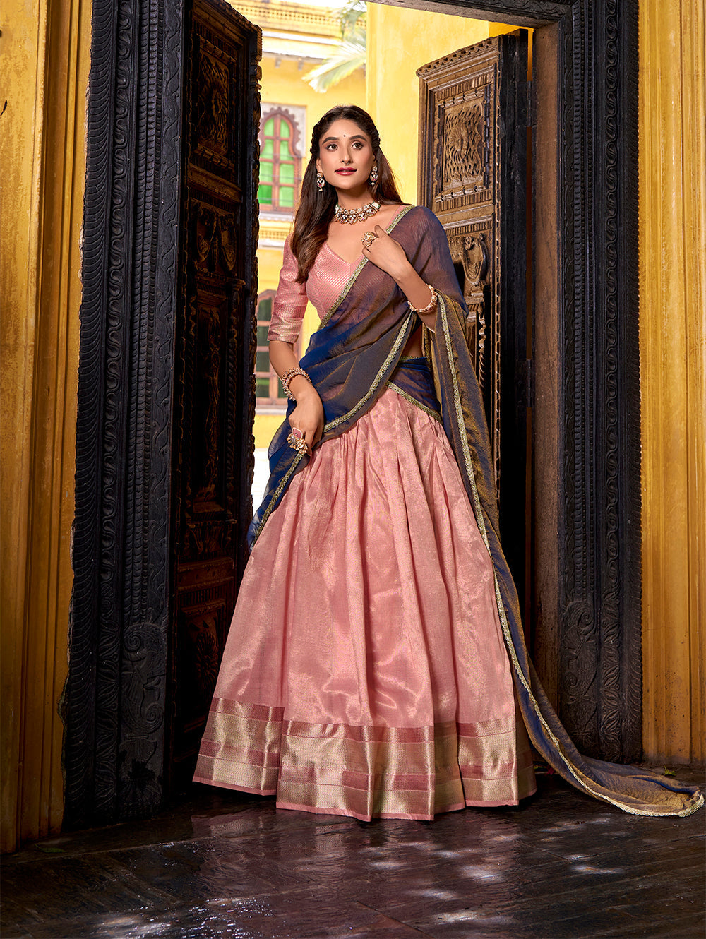 Light pink dupion silk lehenga choli with zari weaving border shimmer dupatta