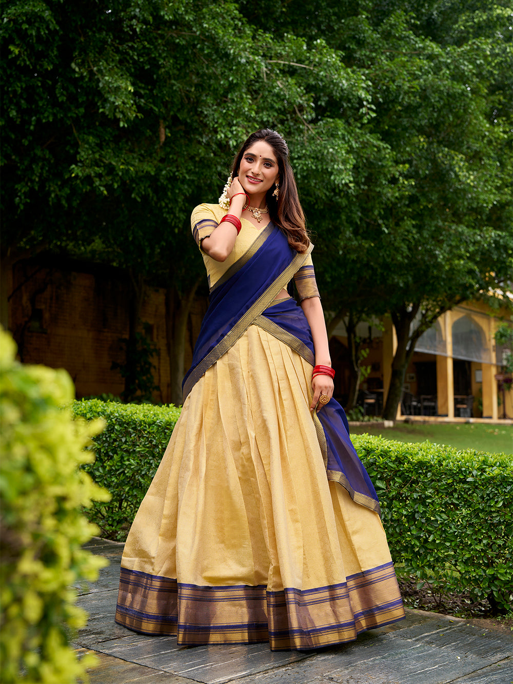 Navy blue color zari weaving work kanchipuram lehenga choli